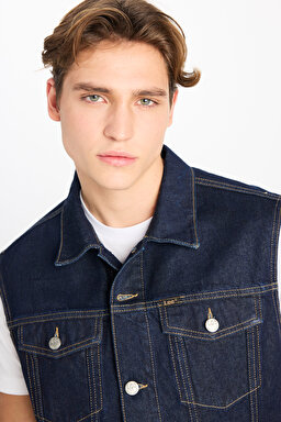 %100 Pamuk Relaxed Fit Geniş Kesim Lacivert Denim Yelek - Raw-L2510255049 (görsel 4)
