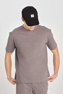 Relaxed Fit Geniş Kesim Bisiklet Yaka Gri Pamuklu Tişört - Gray-L2510271035 (görsel 2)