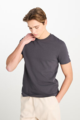%100 Pamuk Relaxed Fit Geniş Ksim Bisiklet Yaka Antrasit Basic Tişört - Anthracite-L2510275003 (görsel 2)