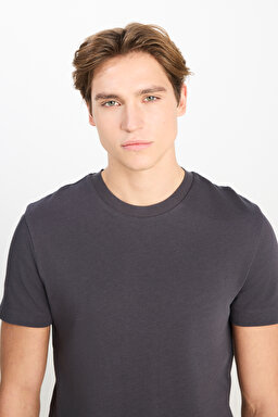 %100 Pamuk Relaxed Fit Geniş Ksim Bisiklet Yaka Antrasit Basic Tişört - Anthracite-L2510275003 (görsel 4)