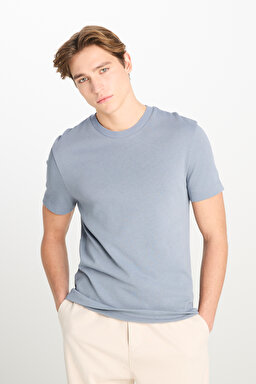 %100 Pamuk Relaxed Fit Geniş Kesim Bisiklet Yaka Mavi Basic Tişört - Blue-L2510275400