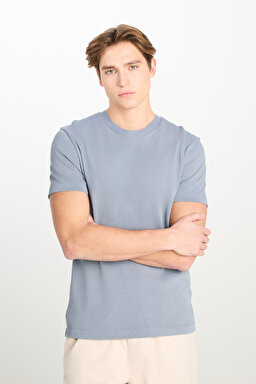 %100 Pamuk Relaxed Fit Geniş Kesim Bisiklet Yaka Mavi Basic Tişört - Blue-L2510275400 (görsel 2)