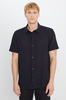%100 Pamuk Relaxed Fit Geniş Kesim Kısa Kollu Siyah Gömlek - Black-L2510286001