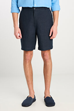 %100 Keten Regular Fit Normal Kesim Lastik Bel Detaylı Mavi Şort - Blue-L2510300400 (görsel 3)