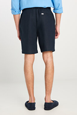 %100 Keten Regular Fit Normal Kesim Lastik Bel Detaylı Mavi Şort - Blue-L2510300400 (görsel 4)