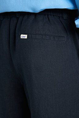 %100 Keten Regular Fit Normal Kesim Lastik Bel Detaylı Mavi Şort - Blue-L2510300400 (görsel 6)