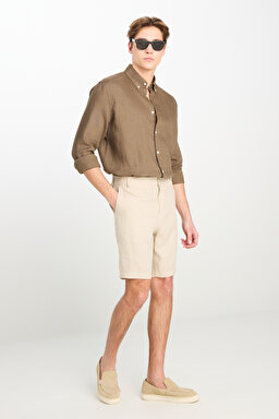 %100 Keten Regular Fit Normal Kesim Lastik Bel Detaylı Bej Şort - Beige-L2510300614