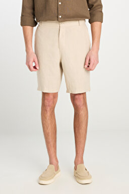 %100 Keten Regular Fit Normal Kesim Lastik Bel Detaylı Bej Şort - Beige-L2510300614 (görsel 3)
