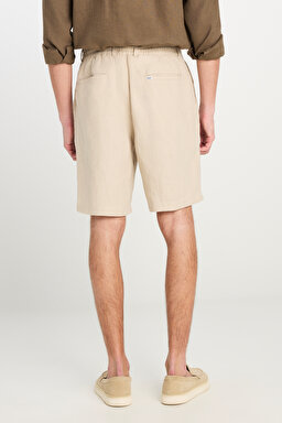 %100 Keten Regular Fit Normal Kesim Lastik Bel Detaylı Bej Şort - Beige-L2510300614 (görsel 4)