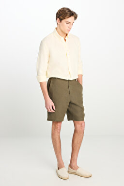 %100 Keten Regular Fit Normal Kesim Lastik Bel Detaylı Haki Şort - Khaki-L2510300801