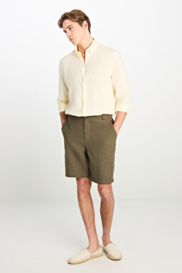%100 Keten Regular Fit Normal Kesim Lastik Bel Detaylı Haki Şort - Khaki-L2510300801 (görsel 2)