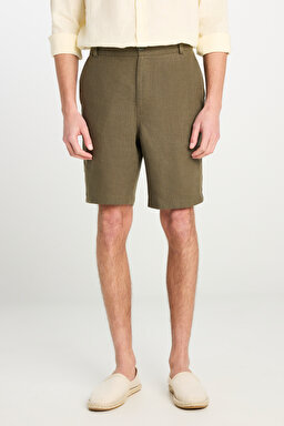 %100 Keten Regular Fit Normal Kesim Lastik Bel Detaylı Haki Şort - Khaki-L2510300801 (görsel 3)
