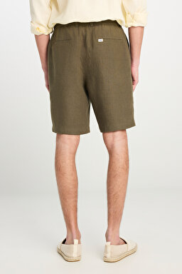 %100 Keten Regular Fit Normal Kesim Lastik Bel Detaylı Haki Şort - Khaki-L2510300801 (görsel 4)