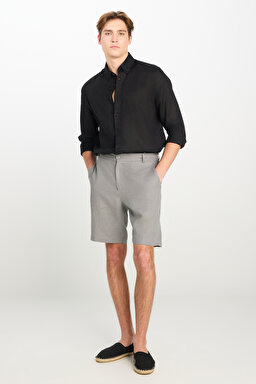 %100 Keten Regular Fit Normal Kesim Lastik Bel Detaylı Koyu Gri Şort - Dark Grey-L251030093