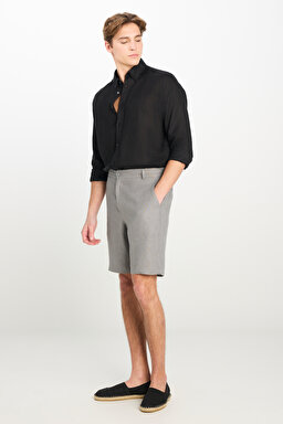 %100 Keten Regular Fit Normal Kesim Lastik Bel Detaylı Koyu Gri Şort - Dark Grey-L251030093 (görsel 2)