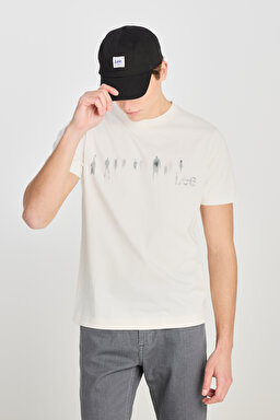 %100 Pamuk Regular Fit Normal Kesim Bisiklet Yaka Baskılı Ekru Tişört - Ecru-L2510320104 (görsel 2)