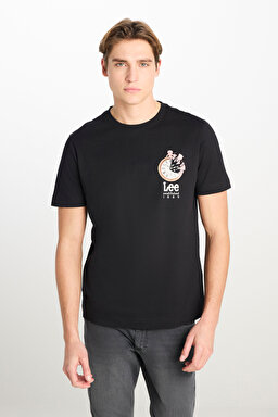 %100 Pamuk Regular Fit Normal Kesim Bisiklet Yaka Baskılı Siyah Tişört - Black-L2510322001 (görsel 2)