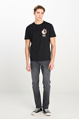 %100 Pamuk Regular Fit Normal Kesim Bisiklet Yaka Baskılı Siyah Tişört - Black-L2510322001 (görsel 3)