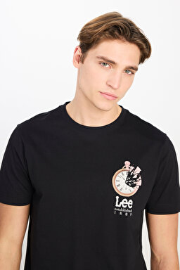 %100 Pamuk Regular Fit Normal Kesim Bisiklet Yaka Baskılı Siyah Tişört - Black-L2510322001 (görsel 4)