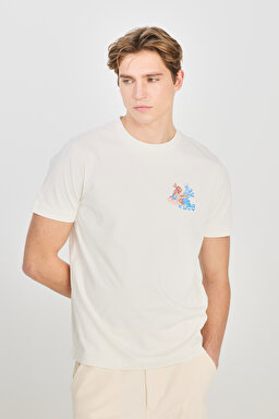 %100 Pamuk Regular Fit Normal Kesim Bisiklet Yaka Ekru Tişört - Off White-L2510324102