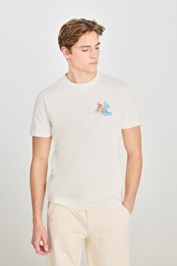%100 Pamuk Regular Fit Normal Kesim Bisiklet Yaka Ekru Tişört - Off White-L2510324102 (görsel 2)