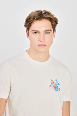 %100 Pamuk Regular Fit Normal Kesim Bisiklet Yaka Ekru Tişört - Off White-L2510324102 (görsel 4)