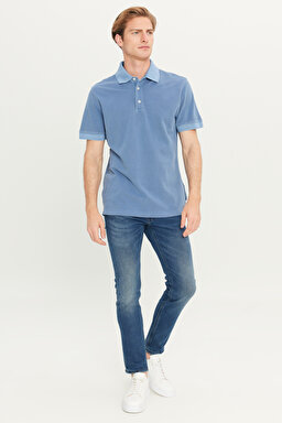 %100 Pamuk Regular Fit Nprmal Kesim Mavi Polo Yaka Tişört - Blue-L2510543400 (görsel 3)