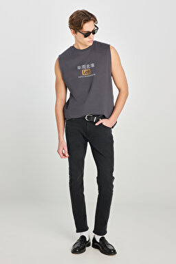 %100 Pamuk Relaxed Fit Geniş Kesim Bisiklet Yaka Baskılı Antasit Tişört - Anthracite-L2510545003 (görsel 3)