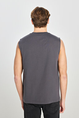 %100 Pamuk Relaxed Fit Geniş Kesim Bisiklet Yaka Baskılı Antasit Tişört - Anthracite-L2510545003 (görsel 5)