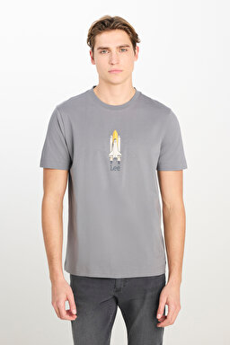 %100 Pamuk Regular Fit Normal Kesim Bisiklet Yaka Baskılı Gri Tişört - Gray-L2510547035 (görsel 2)