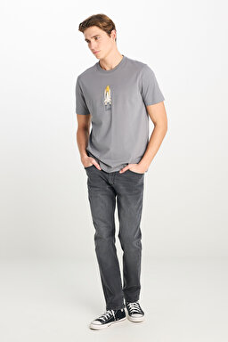 %100 Pamuk Regular Fit Normal Kesim Bisiklet Yaka Baskılı Gri Tişört - Gray-L2510547035 (görsel 3)