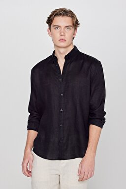%100 Keten Regular Fit Normal Kesim Siyah Gömlek - Black-L2510549001