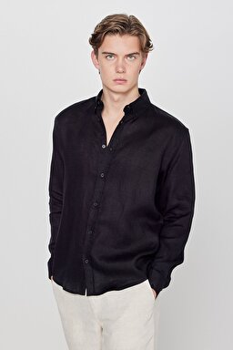 %100 Keten Regular Fit Normal Kesim Siyah Gömlek - Black-L2510549001 (görsel 2)