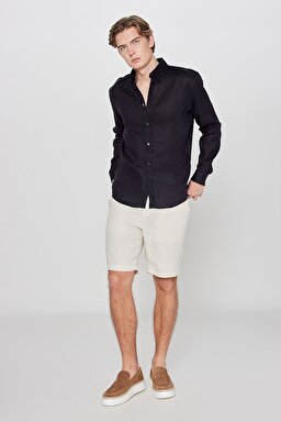 %100 Keten Regular Fit Normal Kesim Siyah Gömlek - Black-L2510549001 (görsel 3)