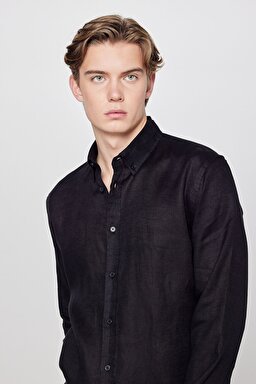 %100 Keten Regular Fit Normal Kesim Siyah Gömlek - Black-L2510549001 (görsel 4)