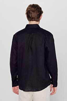 %100 Keten Regular Fit Normal Kesim Siyah Gömlek - Black-L2510549001 (görsel 5)