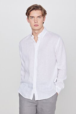%100 Keten Regular Fit Normal Kesim Beyaz Gömlek - White-L2510549100 (görsel 2)