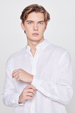 %100 Keten Regular Fit Normal Kesim Beyaz Gömlek - White-L2510549100 (görsel 4)