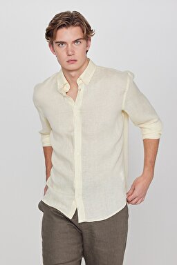 %100 Keten Regular Fit Normal Kesim Sarı Gömlek - Yellow-L2510549200