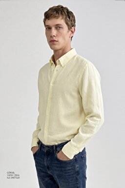 %100 Keten Regular Fit Normal Kesim Sarı Gömlek - Yellow-L2510549200 (görsel 2)
