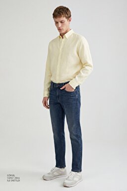 %100 Keten Regular Fit Normal Kesim Sarı Gömlek - Yellow-L2510549200 (görsel 3)