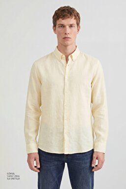 %100 Keten Regular Fit Normal Kesim Sarı Gömlek - Yellow-L2510549200 (görsel 4)