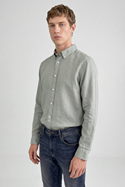 %100 Keten Regular Fit Normal Kesim Siyah Gömlek - Light Green-L2510549299