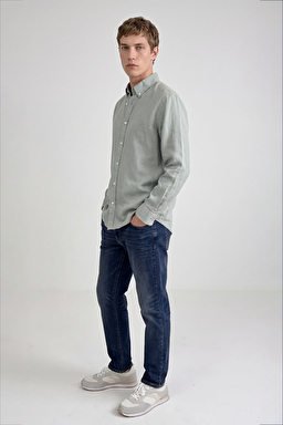 %100 Keten Regular Fit Normal Kesim Siyah Gömlek - Light Green-L2510549299 (görsel 4)