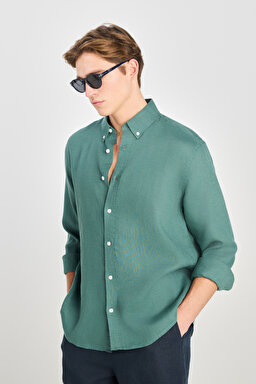 %100 Keten Regular Fit Normal Kesim Yeşil Gömlek - Green-L2510549300 (görsel 2)