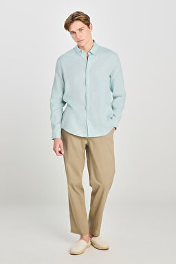 %100 Keten Regular Fit Normal Kesim Mint Yeşili Gömlek - Mint Green-L2510549303 (görsel 3)