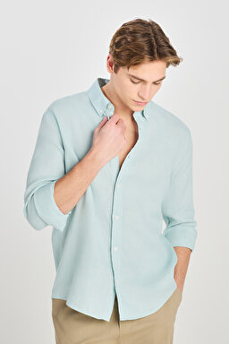%100 Keten Regular Fit Normal Kesim Mint Yeşili Gömlek - Mint Green-L2510549303 (görsel 4)