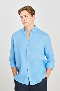 %100 Keten Regular Fit Normal Kesim Mavi Gömlek - Blue-L2510549400