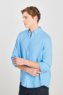%100 Keten Regular Fit Normal Kesim Mavi Gömlek - Blue-L2510549400 (görsel 2)