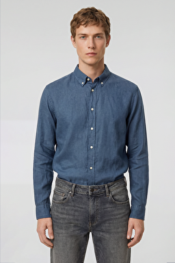 %100 Keten Regular Fit Normal Kesim Siyah Gömlek - Blue-L2510549402 (görsel 3)